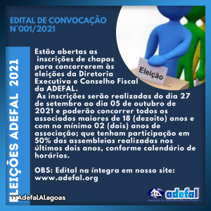 EDITAL DE CONVOCAÇÃO N°001/2021 - ELEIÇÕES DA ADEFAL